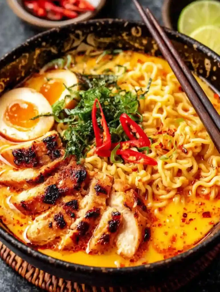 Creamy Chicken Ramen Noodles Recipe 4 Chicken ramen with grilled chicken, spicy broth, soft eggs, and chili garnish