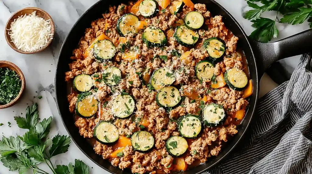 Ground Turkey and Zucchini Skillet Recipe 1 Ground turkey and zucchini skillet cooked in a black pan with herbs and cheese on top