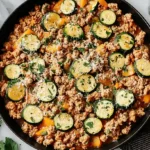 Ground Turkey and Zucchini Skillet Recipe 12 Ground turkey and zucchini skillet cooked in a black pan with herbs and cheese on top