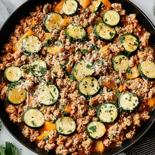 Ground Turkey and Zucchini Skillet Recipe 4 Ground turkey and zucchini skillet cooked in a black pan with herbs and cheese on top
