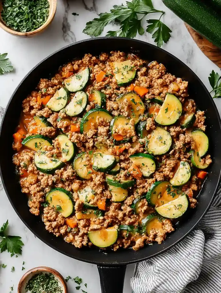 Ground Turkey and Zucchini Skillet Recipe 3 Ground turkey and zucchini skillet in a black pan with orange bell peppers and parsley on a marble surface