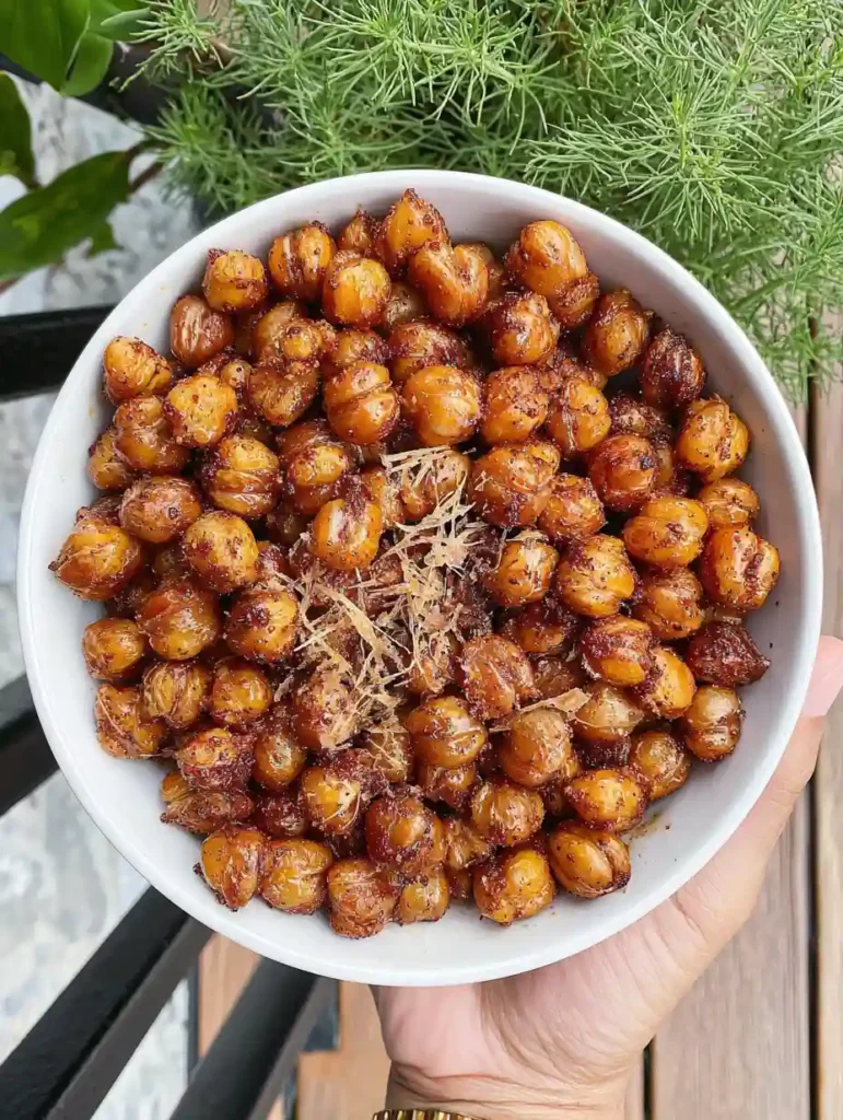 Crispy Roasted Chickpeas Snack 8 Crispy roasted chickpeas in a white bowl topped with herbs, held outdoors by hand near fresh greenery