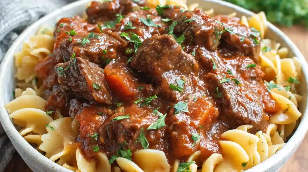 Irresistible Beef Goulash Recipe 1 Close-up of beef goulash served over egg noodles in a white bowl