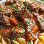 Close-up of beef goulash served over egg noodles in a white bowl