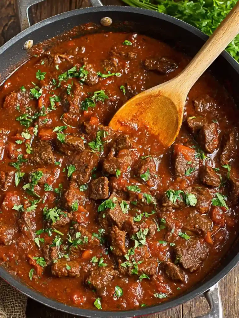 Irresistible Beef Goulash Recipe 2 Beef goulash simmering in a black pot with a wooden spoon and chopped parsley on top
