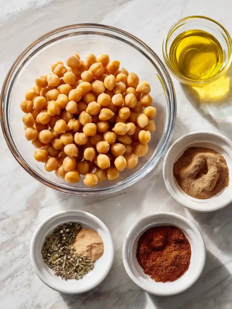 Crispy Roasted Chickpeas Snack 2 Ingredients for crispy roasted chickpeas including chickpeas, olive oil, and seasonings in bowls on a marble surface