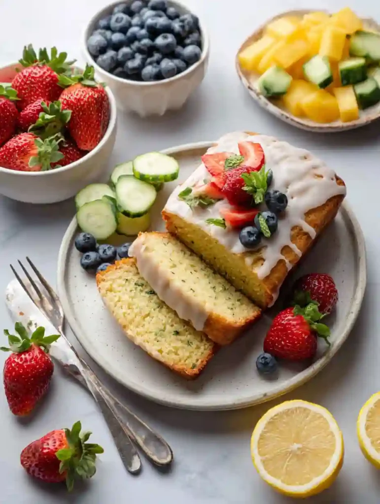Best Lemon Zucchini Bread Recipe 4 Lemon zucchini bread with glaze served with strawberries, blueberries, and fresh fruit slices