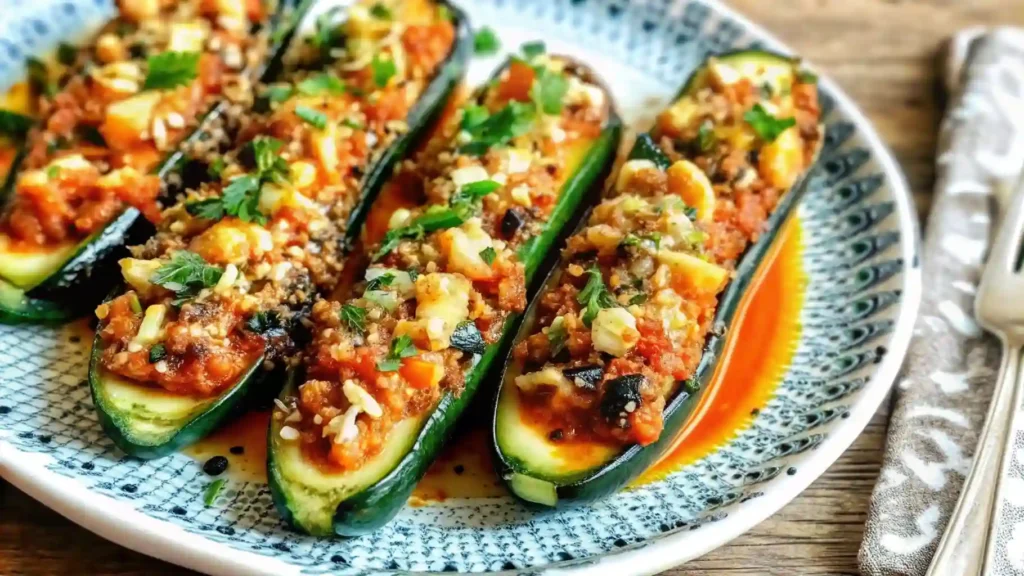 Mediterranean Stuffed Zucchini Recipe 1 Mediterranean stuffed zucchini with tomato sauce, herbs, and melted cheese on a patterned plate
