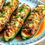 Mediterranean stuffed zucchini with tomato sauce, herbs, and melted cheese on a patterned plate
