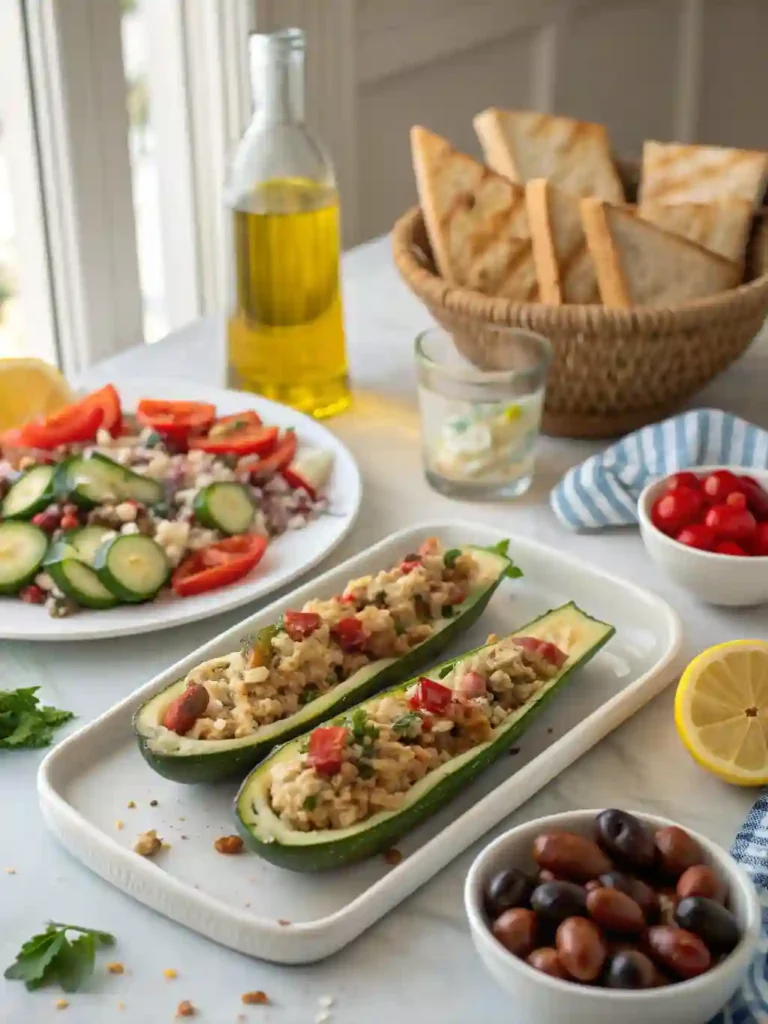 Mediterranean Stuffed Zucchini Recipe 4 Mediterranean stuffed zucchini on a white plate with Greek salad, olives, pita bread, and olive oil