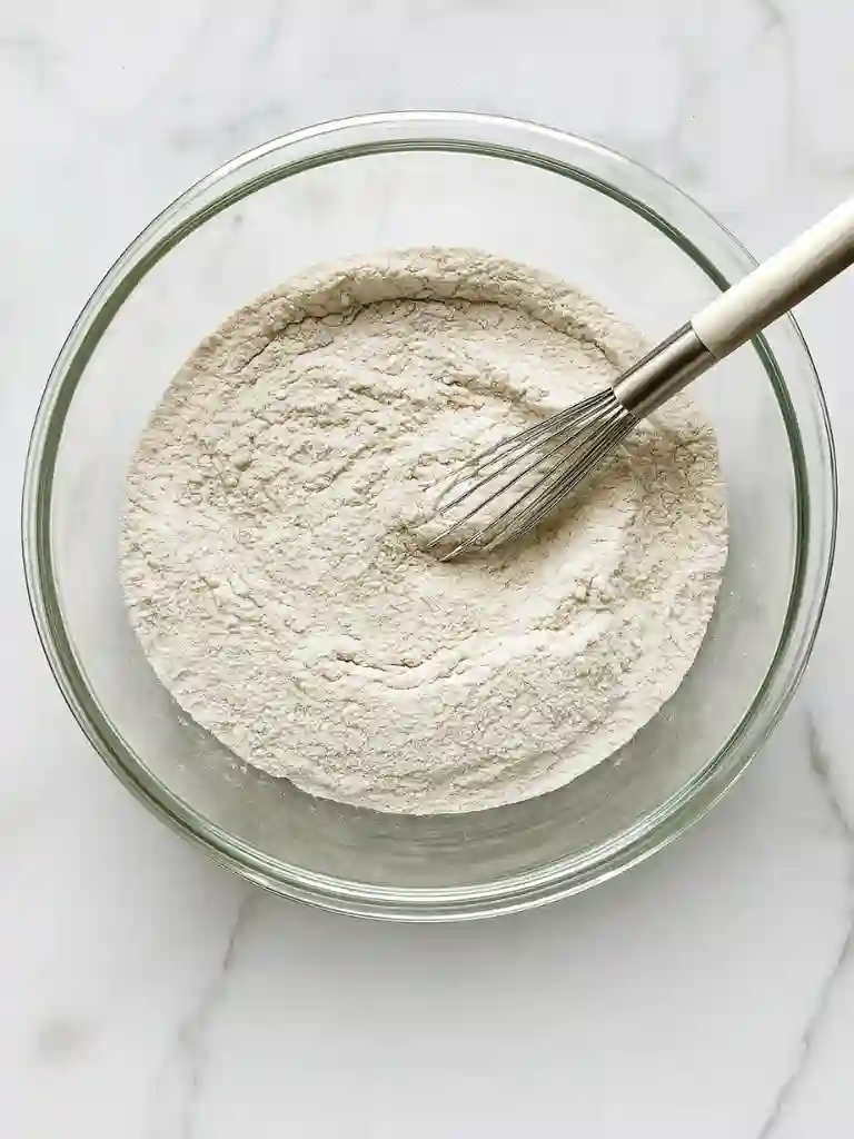 Best Zucchini Bread Recipe 2 Glass bowl with whisk mixing flour and dry ingredients for Zucchini Bread Recipe