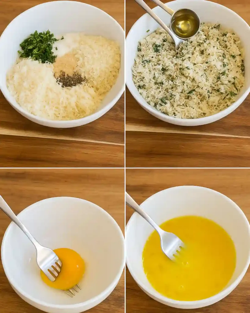Baked Parmesan Crusted Salmon 3 Parmesan Crusted Salmon coating prep with herbs, panko, cheese, egg and olive oil in white bowls