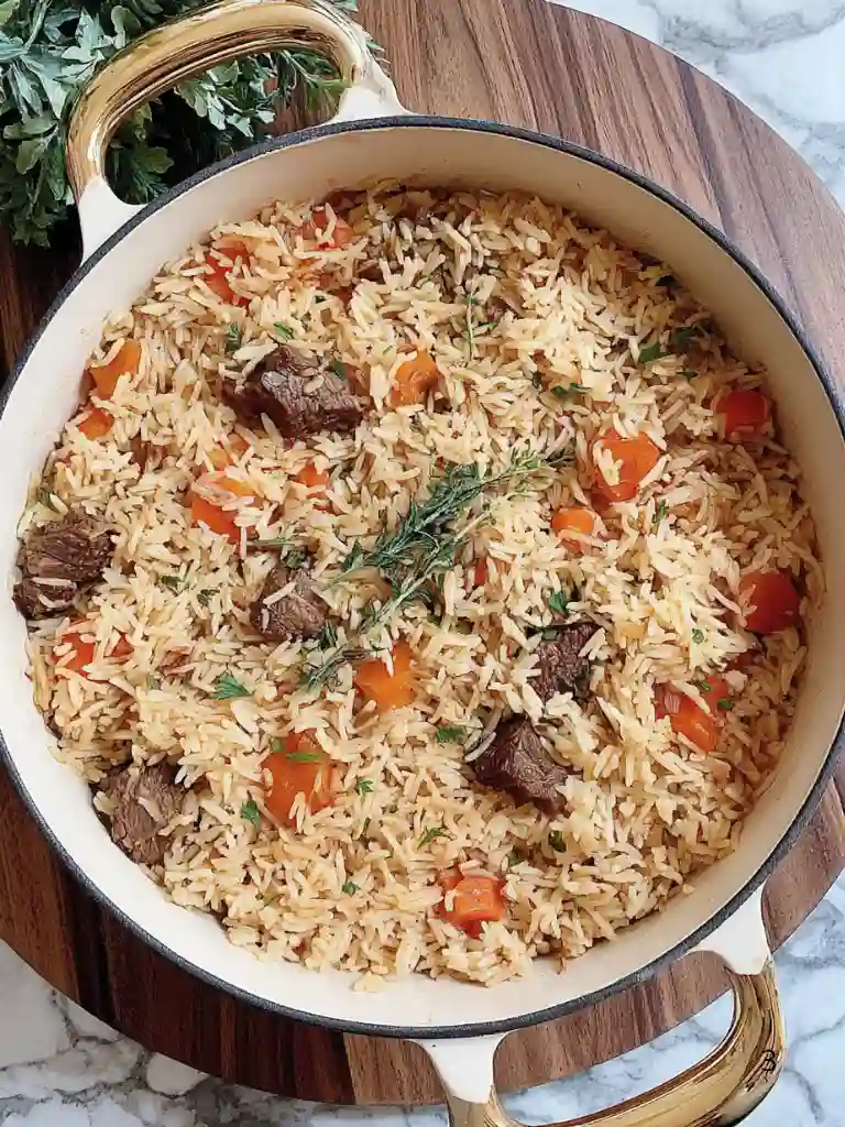 Authentic Beef Plov Recipe 2 Beef Plov in a white pot with long-grain rice, carrots, beef chunks, and fresh herbs