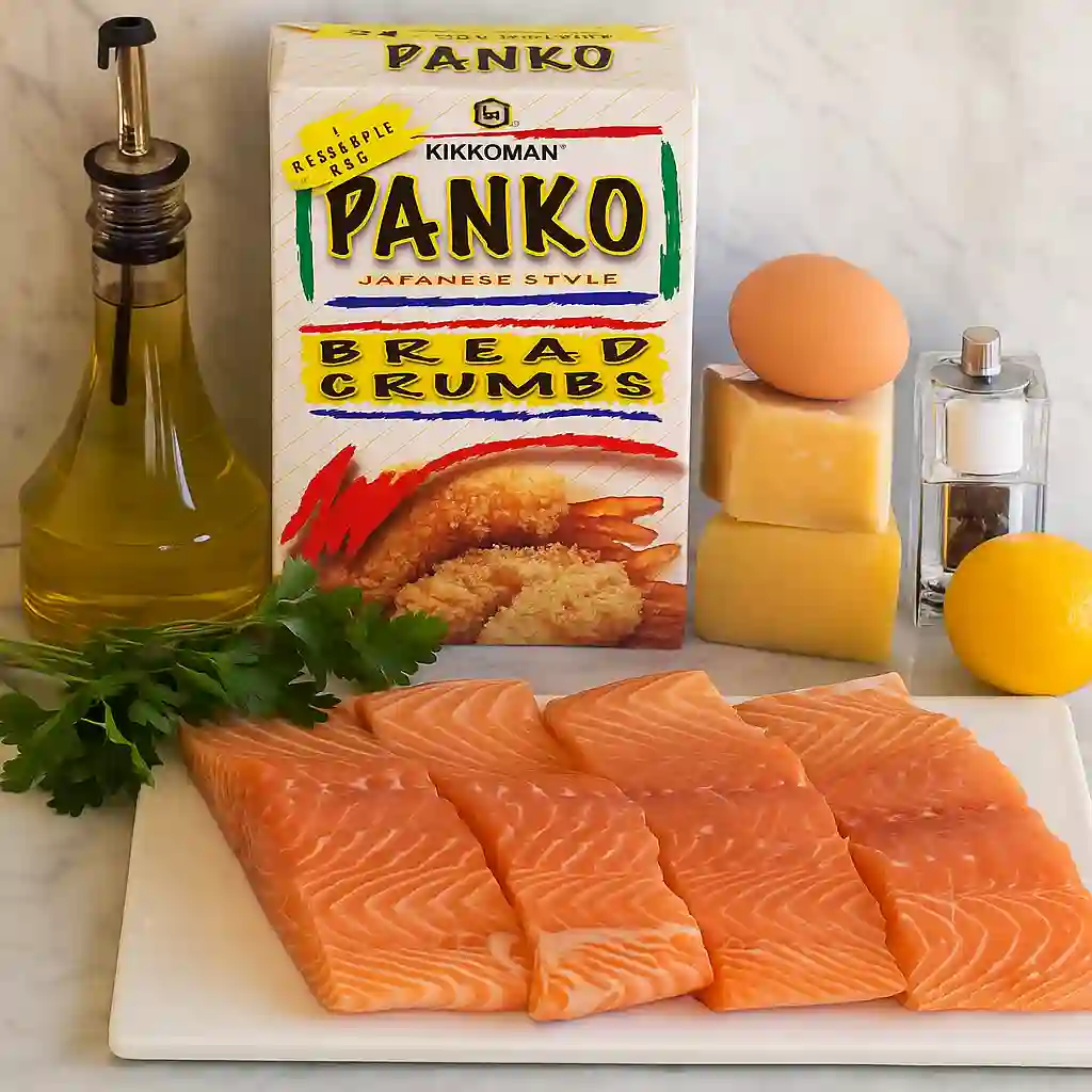 Baked Parmesan Crusted Salmon 2 Fresh salmon fillets, parmesan cheese, panko, egg, lemon and herbs for Parmesan Crusted Salmon recipe