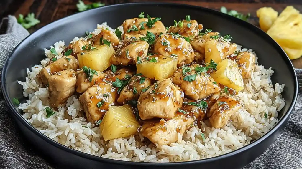 Pineapple Chicken and Rice Recipe 1 Pineapple Chicken and Rice with glazed chicken, pineapple chunks, and jasmine rice in a black bowl