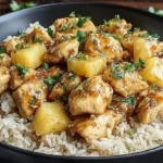Pineapple Chicken and Rice with glazed chicken, pineapple chunks, and jasmine rice in a black bowl