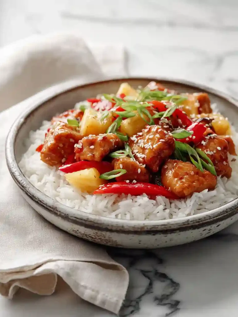 Pineapple Chicken and Rice Recipe 3 Pineapple Chicken and Rice served in a ceramic bowl with red bell peppers, green onions, and sesame seeds
