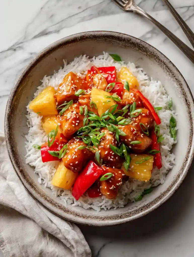 Pineapple Chicken and Rice Recipe 2 Pineapple Chicken and Rice in a ceramic bowl topped with sesame seeds, red bell peppers, green onions, and pineapple chunks on jasmine rice