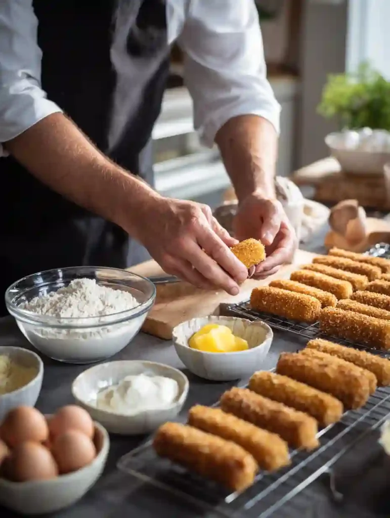 Healthy Mozzarella Sticks Recipe Crispy, Cheesy & Easy 2 Cook’s hands double-coating healthy mozzarella sticks with breadcrumbs in a modern kitchen setting