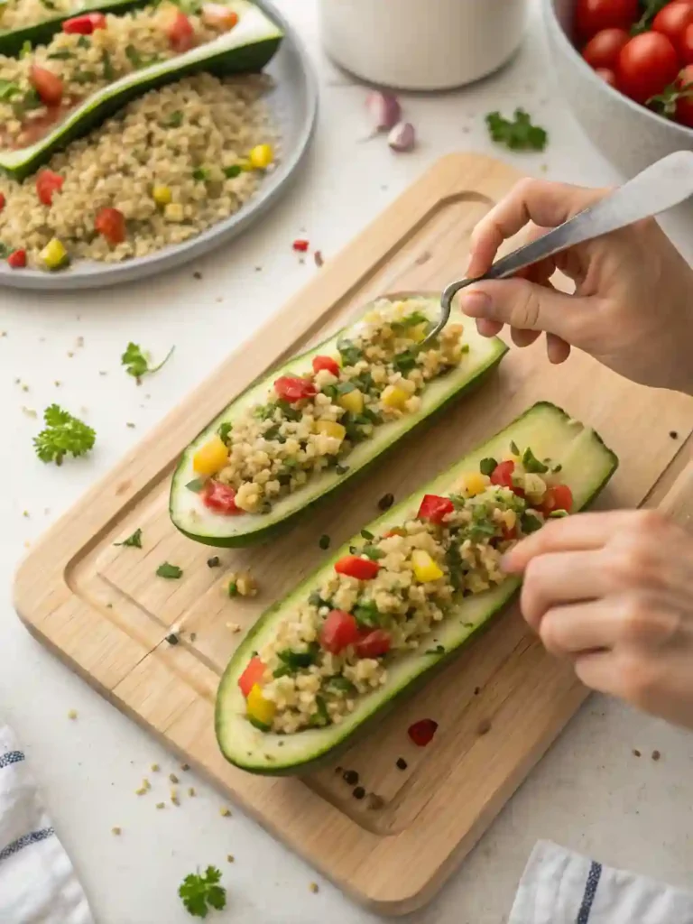 Mediterranean Stuffed Zucchini Recipe 2 Hands filling Mediterranean stuffed zucchini with quinoa, bell peppers, and herbs on a wooden board