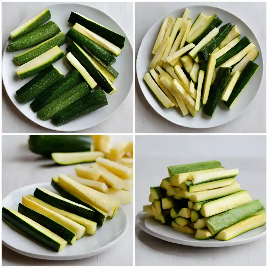 Air Fryer Zucchini Fries Recipe 2 Fresh zucchini sticks prepped for Air Fryer Zucchini Fries on white plates