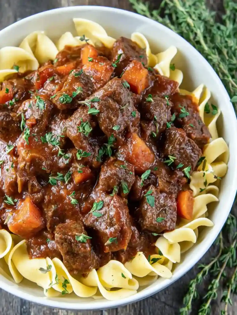 Irresistible Beef Goulash Recipe 3 Beef goulash in a white bowl served over egg noodles with chunks of beef and carrots