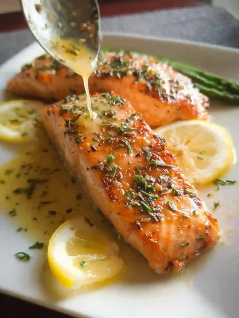 Salmon with Garlic Lemon Butter Sauce 3 salmon with garlic lemon butter sauce being drizzled over seared fillet with lemon slices