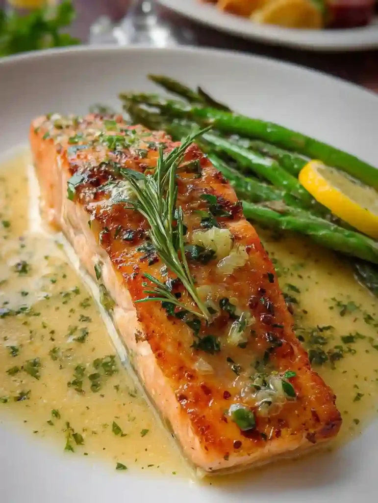 Salmon with Garlic Lemon Butter Sauce 4 salmon with garlic lemon butter sauce served with asparagus and lemon slice