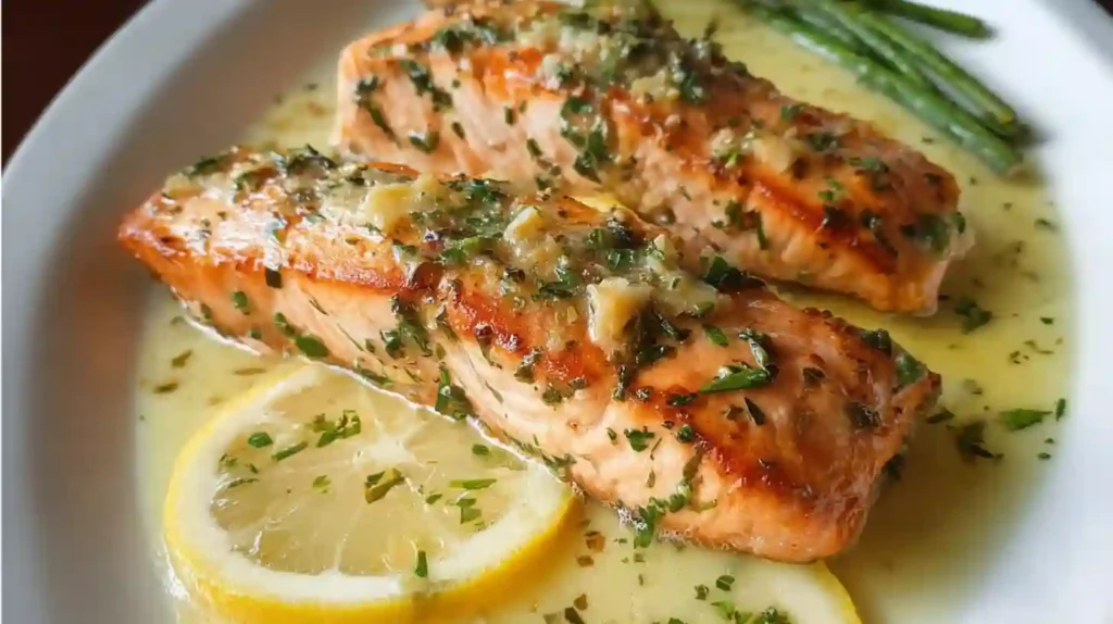 Salmon with Garlic Lemon Butter Sauce 1 salmon with garlic lemon butter sauce on plate with parsley and lemon slices