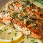 Salmon with Garlic Lemon Butter Sauce 12 salmon with garlic lemon butter sauce on plate with parsley and lemon slices