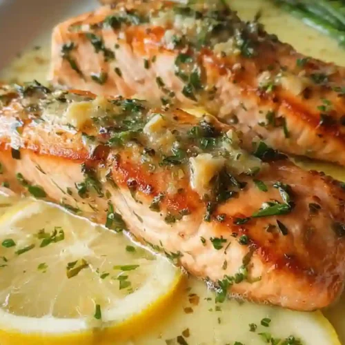 Salmon with Garlic Lemon Butter Sauce 5 salmon with garlic lemon butter sauce on plate with parsley and lemon slices