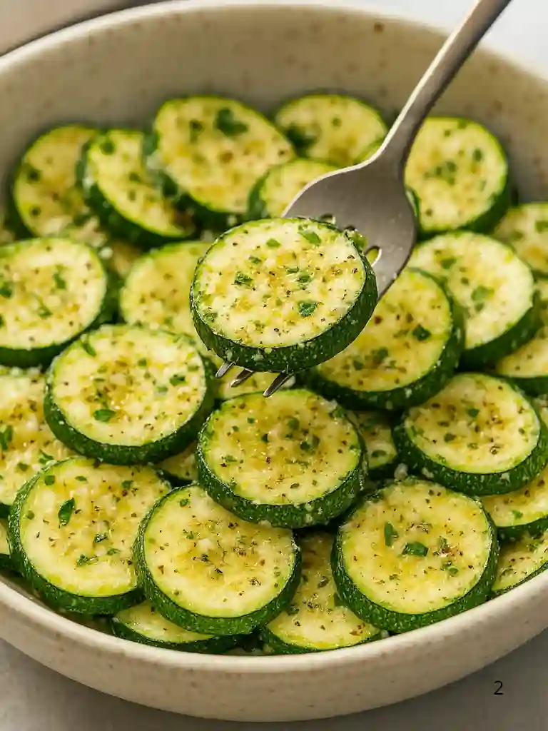Crispy Baked Parmesan Zucchini Recipe 2 Bowl of seasoned baked parmesan zucchini slices with a fork lifting one piece