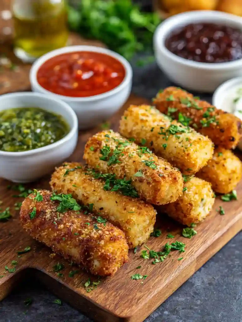 Healthy Mozzarella Sticks Recipe Crispy, Cheesy & Easy 3 Close-up of healthy mozzarella sticks on a wooden board with parsley and assorted dipping sauces