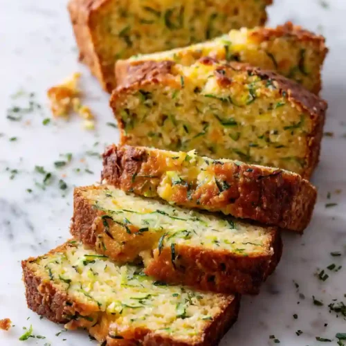 Zucchini Cheese Bread Recipe 6 Close-up of sliced zucchini cheese bread on white marble surface, showing golden crust and moist interior with zucchini shreds