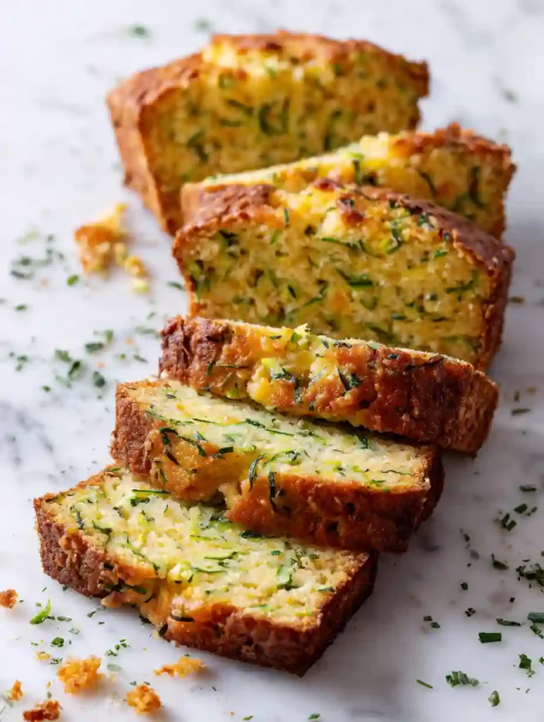 Zucchini Cheese Bread Recipe 5 Close-up of sliced zucchini cheese bread on white marble surface, showing golden crust and moist interior with zucchini shreds