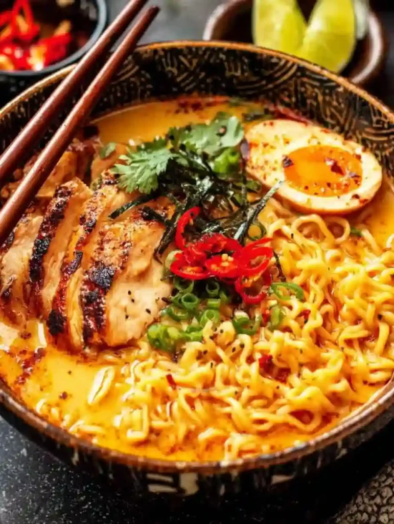 Creamy Chicken Ramen Noodles Recipe 3 Chicken ramen topped with grilled chicken, soft egg, fresh herbs, and chili in a creamy broth
