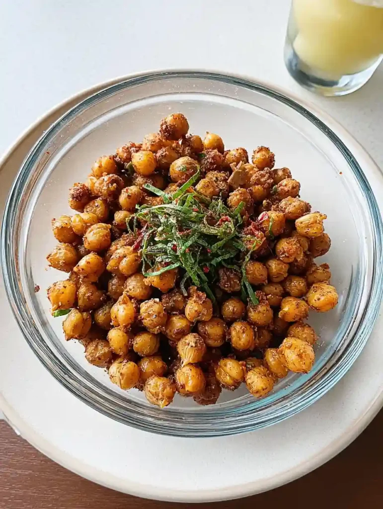Crispy Roasted Chickpeas Snack 6 Crispy roasted chickpeas with spicy seasoning and fresh herb topping served in a glass bowl
