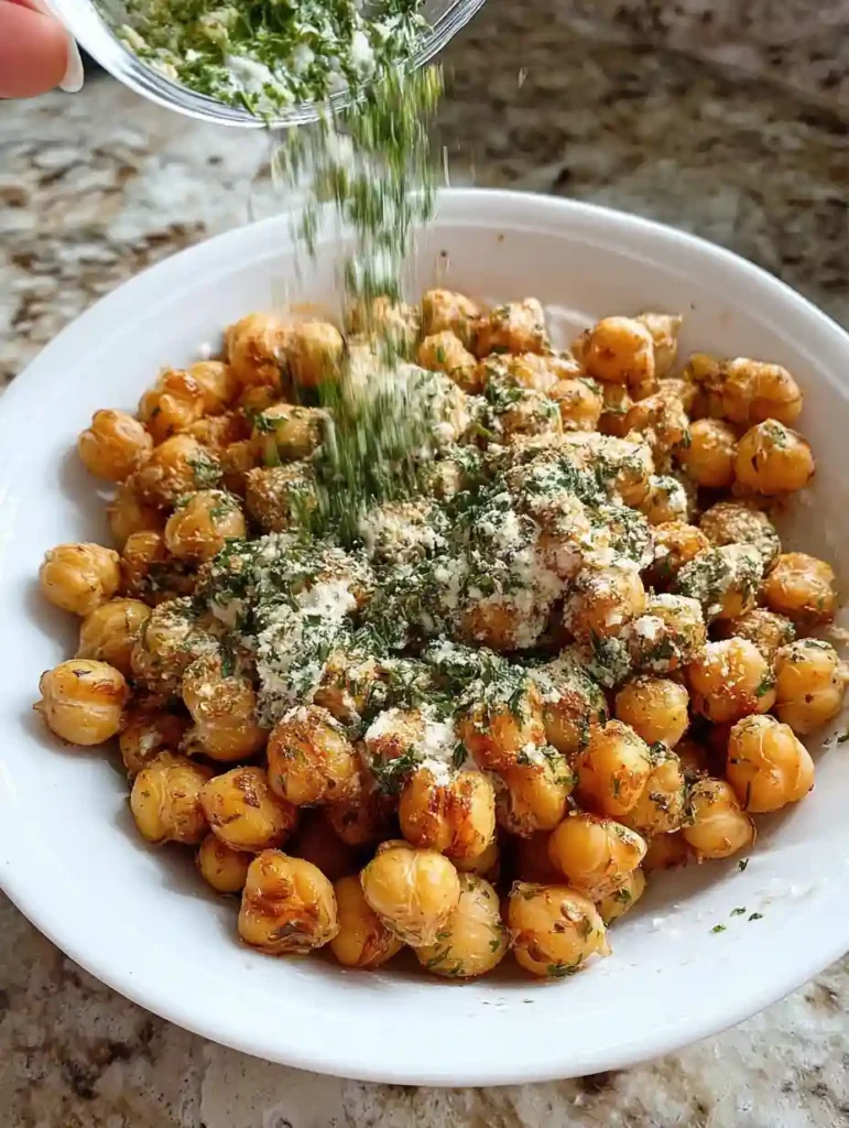 Crispy Roasted Chickpeas Snack 4 Crispy roasted chickpeas in a white bowl being topped with ranch herb seasoning