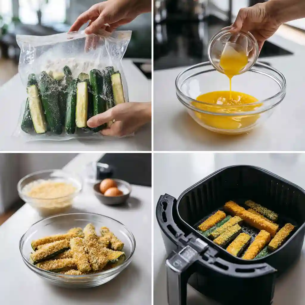 Air Fryer Zucchini Fries Recipe 3 Air Fryer Zucchini Fries preparation steps including flouring, egg wash, breading, and air frying