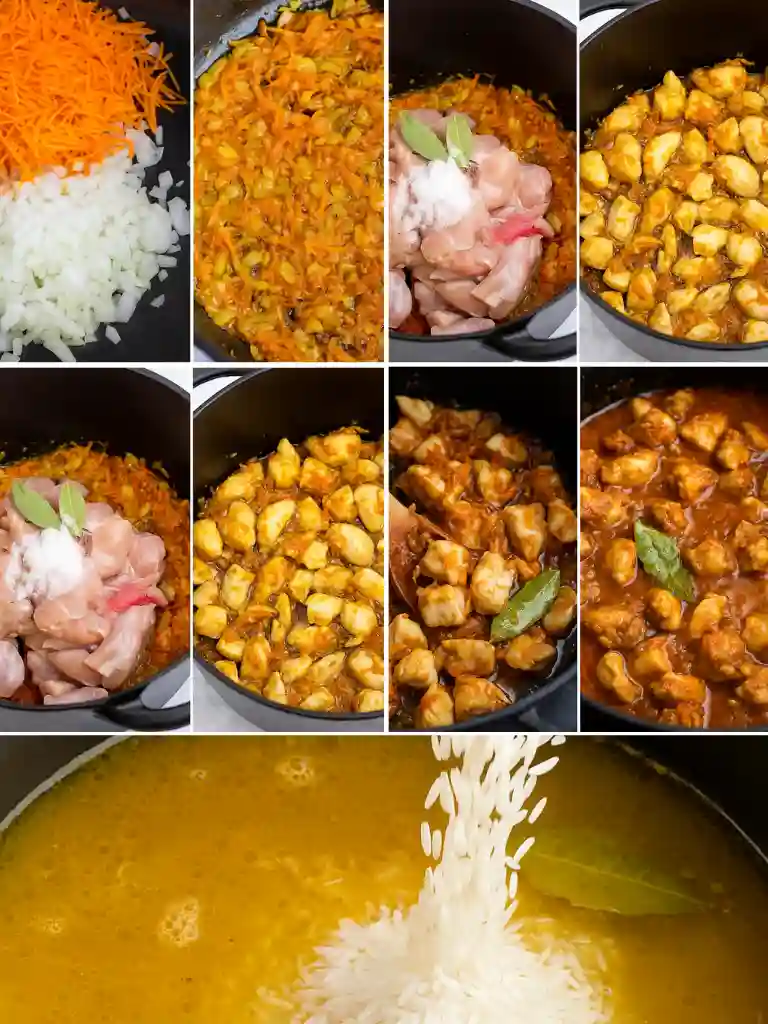 Creamy Chicken and Rice Recipe 3 Step-by-step process of making creamy chicken and rice with sautéed vegetables, seasoned chicken, and rice added to broth