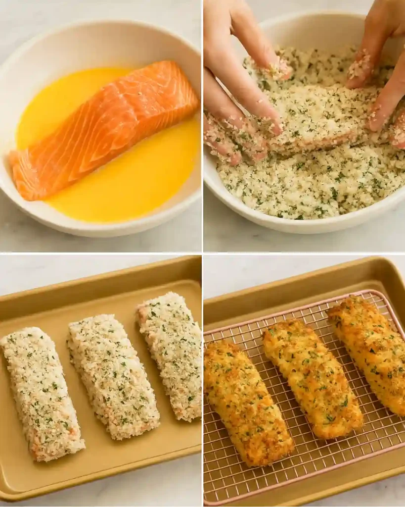 Baked Parmesan Crusted Salmon 4 Parmesan Crusted Salmon preparation from egg dip to baked fillets with golden crust