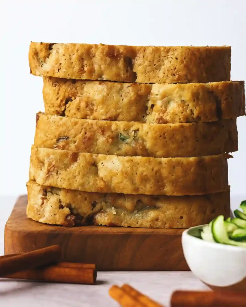 Cinnamon Swirl Zucchini Bread Recipe 4 Stack of thick Cinnamon Swirl Zucchini Bread slices on a wooden board with cinnamon sticks