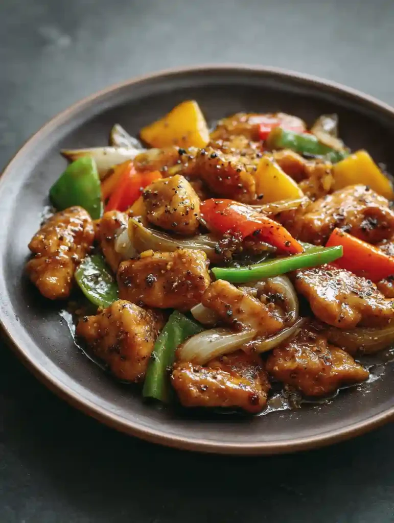 Black Pepper Chicken Recipe 4 Top-down shot of Black Pepper Chicken stir-fry with glossy sauce, bell peppers, and onions