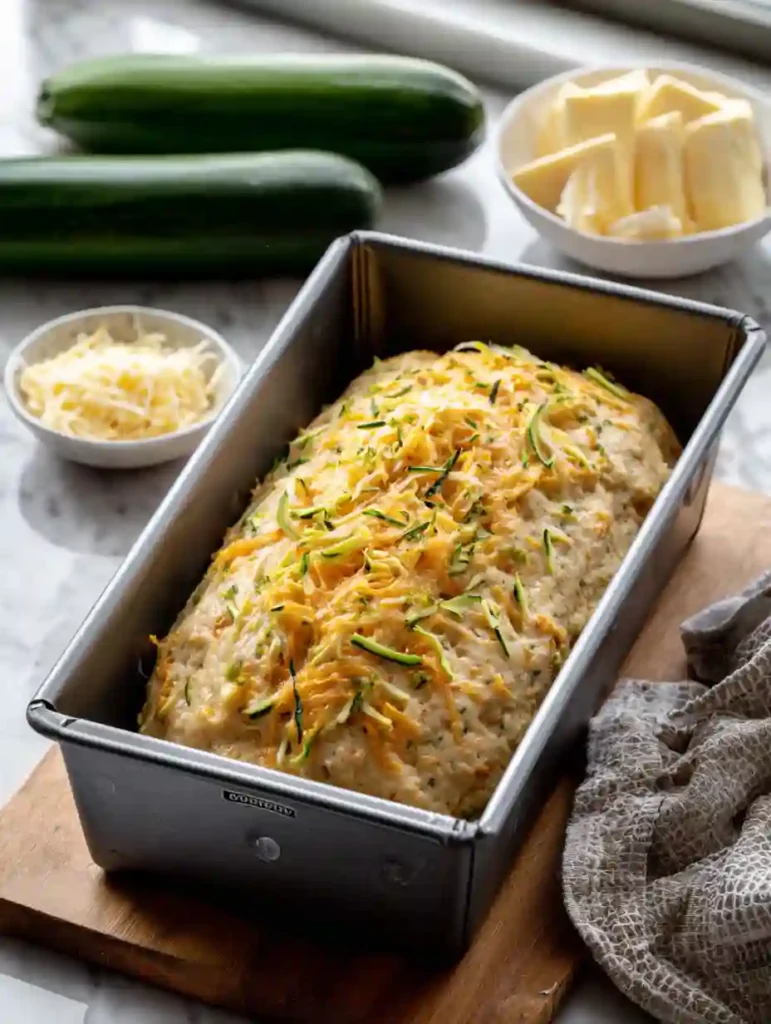 Zucchini Cheese Bread Recipe 2 Unbaked zucchini cheese bread batter in loaf pan topped with shredded cheddar and zucchini strands, fresh ingredients beside it