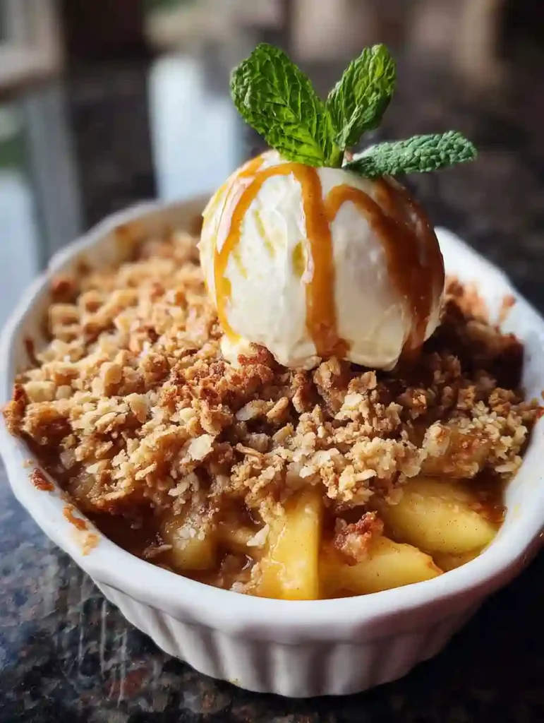 Easy Apple Crumble Recipe 4 Apple crumble topped with vanilla ice cream, caramel sauce, and mint