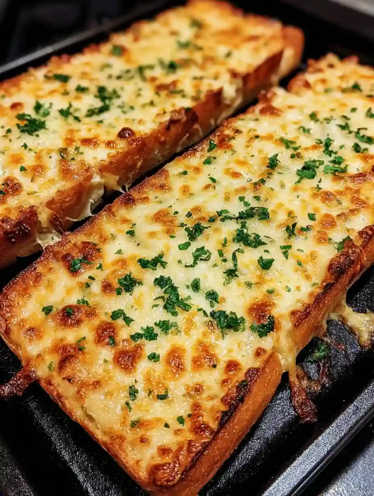 Cheesy Garlic Bread Recipe 2 Freshly baked cheesy garlic bread slices topped with melted cheese and parsley on a baking tray
