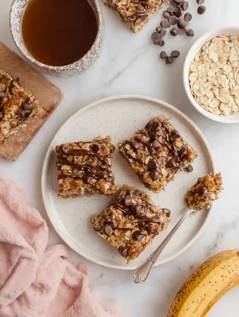 Banana Oatmeal Bars Recipe | Healthy Breakfast Snack 3 Banana oatmeal bars with chocolate chips on a plate with coffee, oats, and ripe banana on marble surface
