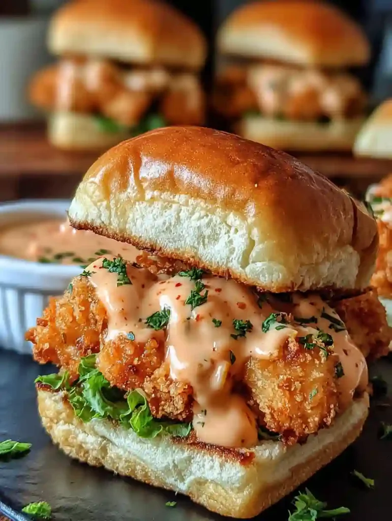 Bang Bang Chicken Sliders Recipe 3 Close-up of Bang Bang Chicken Slider with crispy chicken, fresh lettuce, spicy sauce, and herbs on a toasted bun