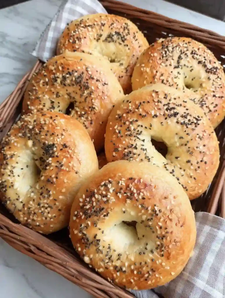 Greek Yogurt Bagels Recipe 3 Golden Greek yogurt bagels arranged in a woven basket with sesame and poppy seeds