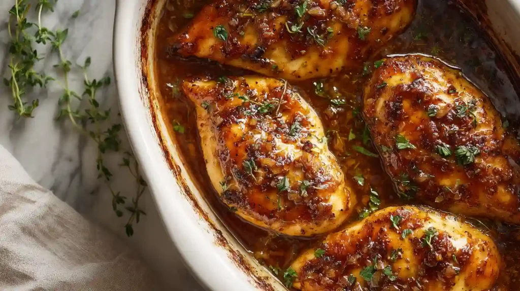 Brown Sugar Garlic Chicken Recipe Easy Baked Chicken Breast 1 Top-down view of brown sugar garlic chicken breasts in sauce on marble surface